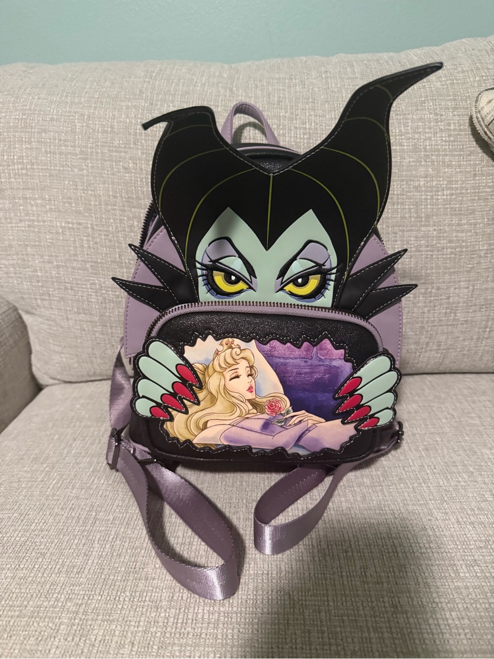 Maleficent-Themed Lavender Loungefly Backpack with Aurora Artwork